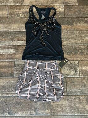 Lovely Boutique stretchy Harem shorts S/M & Miley Cyrus sequin bow tank top L
